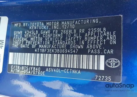 2011 Toyota Camry Le z USA, uszkodzony, nr VIN 4T1BF3EK3BU694547